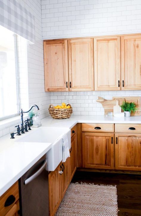 Oak Cabinets Subway Tile Backsplash, White Subway Tile Kitchen Backsplash Wood Cabinets, Oak Cabinets White Island, Kitchen Remodel Pine Cabinets, Brick Backsplash Oak Cabinets, Oak Cabinets White Backsplash, Pine Cupboards Kitchen, Oak Cabinet Kitchen Flooring, Galley Kitchen Oak Cabinets