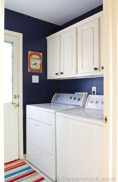 Navy Blue Laundry Room Makeover Navy Blue Laundry Room, Blue Laundry Room, Laundry Room Folding Table, Laminate Kitchen Cabinets, Blue Laundry Rooms, White Laundry Rooms, Laundry Room/mud Room, Laundry Room Wallpaper, Laundry Room Cabinets