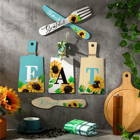 Easy to Decor: first you should stick the round glue point on the back of the sunflower dining room decors, then you can stick the sunflower wooden decors on the wall, door, shelf or other smooth and flat surfaces; The hanging steps are very simple and easy, can save much time and effort for you Kitchen Decor Sets, Eat Sign, Sunflower Kitchen Decor, Sunflower Wall Decor, Wall Decor Hanging, Sunflower Kitchen, Sunflower Pictures, Brown Kitchens, Fork And Spoon