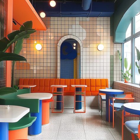 Bauhaus Restaurant Design, Coffee Shop Design Colorful, Mezzanine Restaurant Design, Quirky Cafe Interior, Minimal Restaurant Design, Retro Restaurant Design, Bistrot Design, Colourful Cafe, Funky Cafe