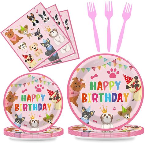 PRICES MAY VARY. 🐾【Serves 16 Guests】ableware set included 16pcs 9" dinner plates, 16pcs 7" dessert plates, 16pcs paper napkins, 1pcs tablecloths. Set includes everything you need for 16 guests, all you need to do is add the food and the fun! Only one click to get everything you need. 🐾【Cute Design】The gorgeous design of this birthday tableware set made of balloon, banner, fireworks, star, gift, heart based on the elements, choose classic blue and gold as the main color, silver glitter sequin d Dog Themed Birthday, Lets Pawty, Dog Party Decorations, Dog Themed Birthday Party, Dog Themed Parties, Puppy Birthday Parties, Pink Puppy, Birthday Napkins, Birthday Party Tables