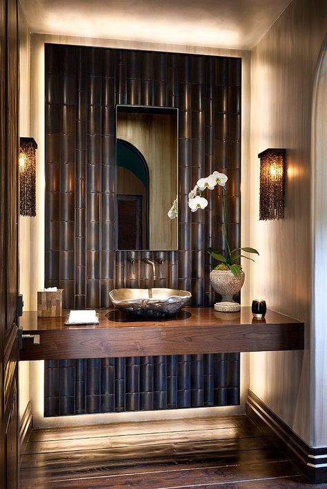 Modern Powder Rooms, Lavabo Design, Ideas Baños, Dark Bathrooms, Diy Bathroom Vanity, Bamboo Decor, Small Bathroom Vanities, Powder Room Design, Powder Room Small