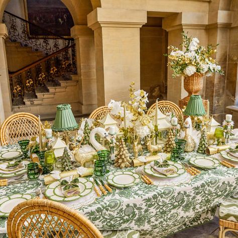 The Christmas Collection Christmas Table Green And White, Green And White Christmas Table, Autumn Tablecloth, Acorn Tree, Gold Glitter Christmas, Starter Plates, Pagoda Lanterns, White Linens, Festive Tablescape