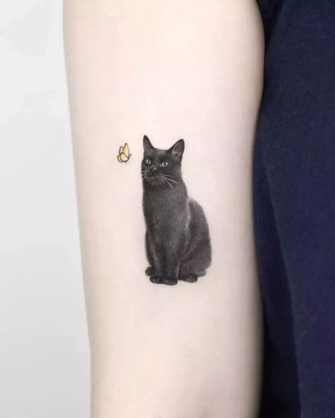 Black Cat And Butterfly Tattoo, Cat With Butterfly Tattoo, Black Cat Memorial Tattoo, Cat Butterfly Tattoo, Cat And Butterfly Tattoo, Grey Cat Tattoo, Black Cat Tattoo Ideas, Small Cat Tattoos, Cat Memorial Tattoo