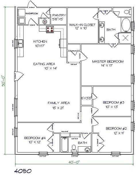 2000 sq ft TX Barndomium - use BR 4 for office with opening off family room change hallway entrance to across from bath wall/linen closet.: 2000 Sq Ft House, Plan Garage, Metal House Plans, Barndominium Plans, Pole Barn House Plans, 4 Bedroom House Plans, Floor Plan 4 Bedroom, Barndominium Floor Plans, Shop House Plans