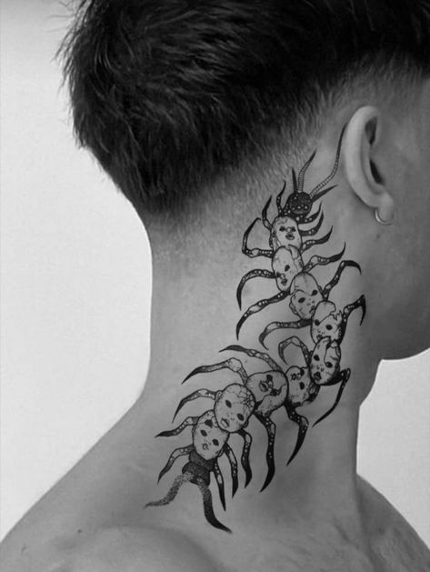 Creepy Neck Tattoos, Creepy Centipede Tattoo, Centipede Neck Tattoo, Centapeid Tattoo Design, Anime Neck Tattoo, Centipede Tattoo Design, Centipede Tattoo, Rad Tattoos, Neck Tattoo Ideas