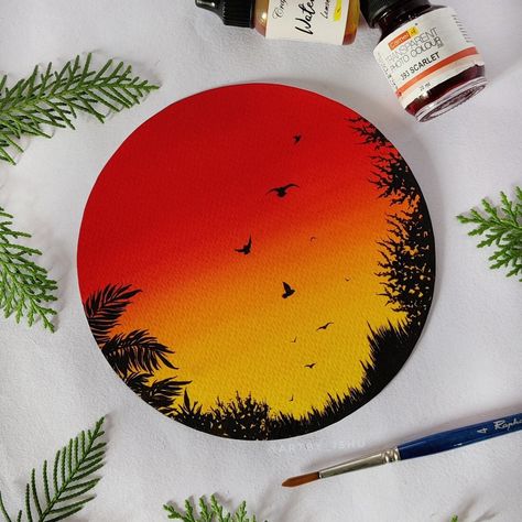 Simple Sunset, Ethereal Jewelry, Circle Crafts, Circle Canvas, Circle Painting, Cd Art, Watercolor Sunset, Rangoli Designs Images, Contemporary Art Painting