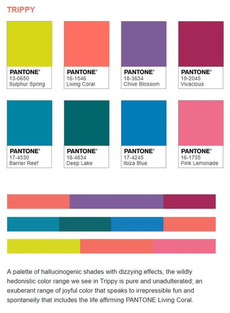 A palette of hallucinogenic shades with dizzying effects, the wildly hedonistic color range we see in Trippy is pure and unadulterated; an exuberant range of joyful color that speaks to irrepressible fun and spontaneity that includes the life affirming PANTONE Living Coral. Color Harmonies, Pantone Color Chart, Porch Colors, Hex Color Palette, Brand Color Palette, Color Palette Design, Color Harmony, Color Inspo, Color Stories