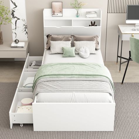 Twin Bed Frame With Drawers, Twin Xl Bed Frame, Mattress Room, Twin Size Mattress, Bed Frame With Drawers, Twin Size Bed, Teen Bedroom Designs, Storage Wood, Gorgeous Bedrooms