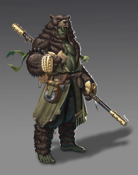 Half Orc Druid, Totem Barbarian, Orc Barbarian, Half Orc Barbarian, Temple Guardian, Owl Bear, Half Orc, Illustration Fantasy, Pathfinder Character