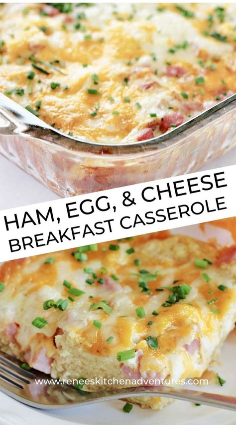 Two photos of breakfast casserole. One in pan ready to serve, one on plate with fork ready to eat. Casserole For Brunch, Ham Egg And Cheese Casserole, Egg And Cheese Breakfast Casserole, Ham And Egg Casserole, Egg And Cheese Casserole, Ham Breakfast Casserole, Easy Yummy Breakfast, Best Egg Recipes, Easy Breakfast Casserole