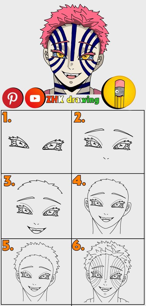 Akaza Pencil Drawing, How To Draw Douma Step By Step, Anime Demon Slayer Drawing Easy, Simple Demon Slayer Drawings, Demon Slayer Art Drawing Easy, Akaza Lineart, Demon Slayer Demons Drawing, How To Draw Akaza, Demon Slayer Drawing Tutorial