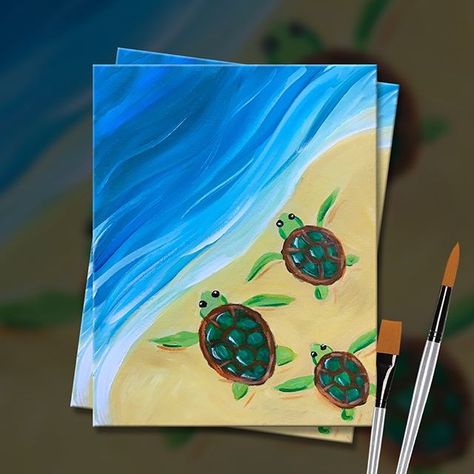 Turtle Easy Painting, Turtle Canvas Painting, Sea Turtle On Beach Painting, Storybook Crafts, Turtle On The Beach Painting, Turtle In The Ocean Painting, Kids Canvas Art, Tempera Painting, Easy Canvas Art