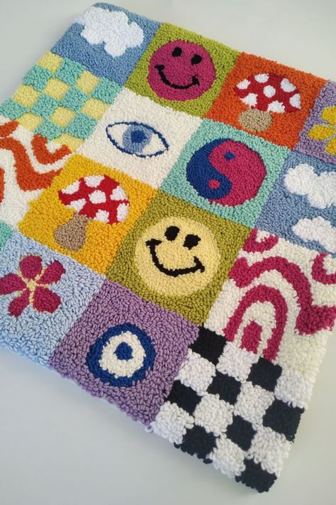 Emoji, cloud, mushroom, flower, eye, checkered, swirl pattern pillowcase can color your living space. 100% handmade punched needle pillows are made of cotton threads. The fabric is linen fabric. The threads used are 100% cotton. Geometry Art Design, Emoji Cushions, Fun Emoji, Unique Woodworking, Punch Needle Patterns, Diy Rug, Punch Art, Swirl Pattern, Punch Needle