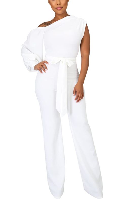 PRICES MAY VARY. Polyster and Spandex,Soft Stretch Breathable and Skin-friendly Warm Fabric,make you feel soft and stretchy,breathable,skin-friendly and comfortable. One piece outfits for women,Casual style,Lightweight,Loose fit,Solid color,One Shoulder Long Sleeve,With Belt. Casual Formal Jumpsuit,Perfect for cocktail party,club,wedding,Jogging,Vacation,Home,Dating Or Casual Daily Wear Etc.suitable for summer and fall. Machine and Hand Wash are both available,Please check size Information provi Long Jumpsuit Casual, Stretchy Jumpsuit, White Outfits For Women, Classy Jumpsuit, Solid Color Jumpsuits, Jumpsuit With Pockets, Formal Jumpsuit, Evening Jumpsuit, Wrap Jumpsuit