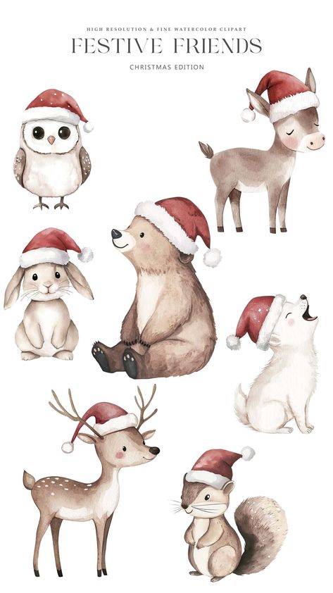 Christmas Illustration Animals, Cute Reindeer Drawing, Christmas Animals Illustration, Christmas Dog Illustration, Christmas Illustration Art, Cute Christmas Illustration, Cute Christmas Animals, Christmas Illustration Design, Santa Hat Clipart