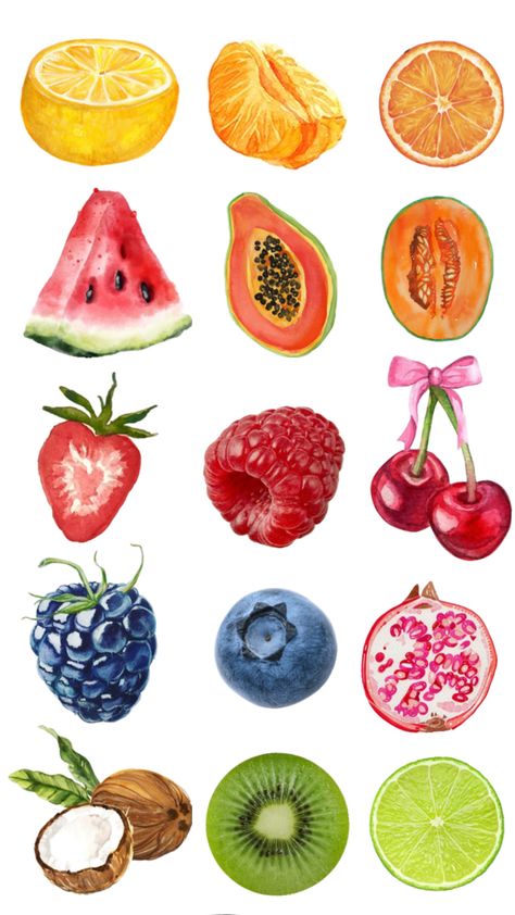 Fruit Collage, Fruits Drawing, Scrapbook Printing, Fruit Wallpaper, Watercolor Fruit, Colorful Fruit, Images Esthétiques, Fruit Art, Creative Drawing