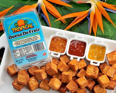 Fried Cheese Cubes with Dipping Sauces | Tropical Cheese Industries • Recipes Chicken Nuggets Sauce, Guava Jelly, Puerto Rico Food, Dipping Sauces Recipes, Cheese Cubes, Cheese Fries, Cuban Recipes, Honey Recipes, Latin Food