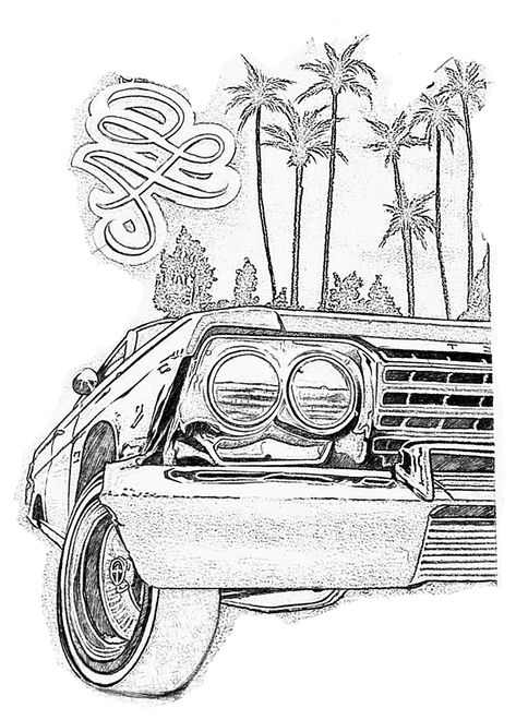 Low Rider Sketch, Lowrider Stencil, Low Rider Art Drawing, Impala Tattoo Design, Lowriders Drawings, Lowrider Tattoo Designs, Low Rider Drawing, Low Riders Drawings, Lowrider Art Drawings