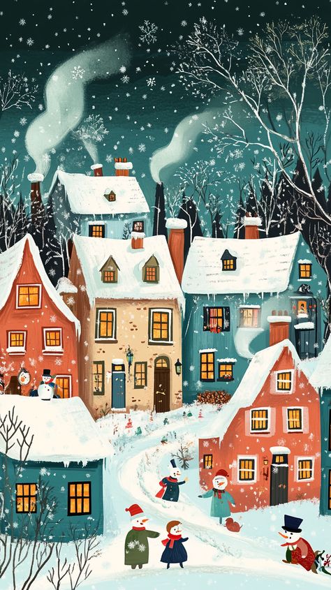 **Whimsical Winter Village: Enchanting Christmas Illustration Ideas** ❄️ Step into a dreamy winter wonderland with this enchanting illustration! Cozy cottages, joyful children, and cheerful snowmen come together in a heartwarming scene. Perfect for holiday cards! #WinterVillage #ChristmasArt #HolidayMagic #CozyVibes Junk Journal Kits, Shop Clipart, Cozy Cottages, Winter Village, Winter Illustration, Vilnius Lithuania, Illustration Ideas, Christmas Illustration, Cozy Cottage