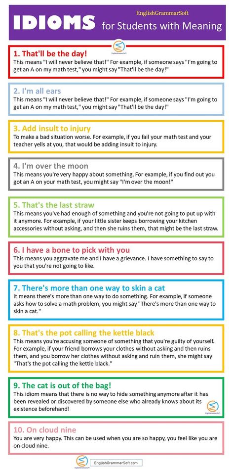 Common Idioms for Students with Meaning Common Idioms, English Phrases Sentences, English Phrases Idioms, English Language Learning Grammar, Idioms And Phrases, Essay Writing Skills, English Vocab, Interesting English Words, Good Vocabulary Words