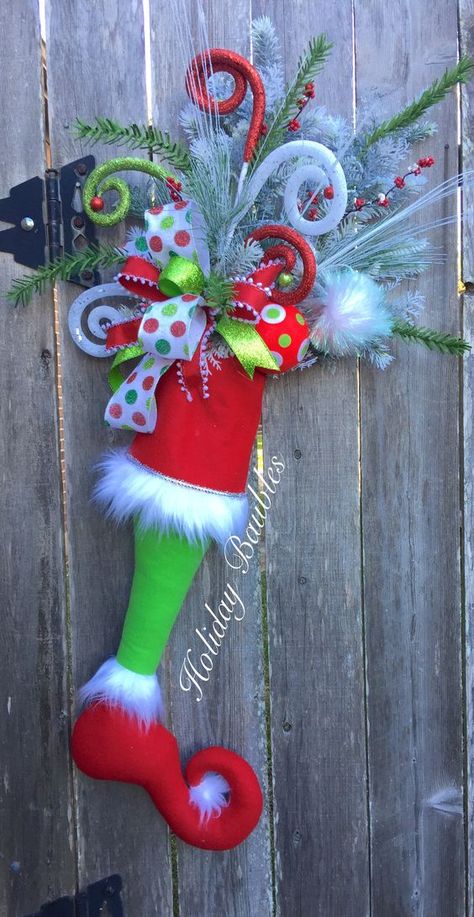 Grinch Stocking Door Hanger by Holiday Baubles: Grinch Stocking, Stocking Wreath, O Grinch, Stocking Decor, Christmas Door Hangings, Hanger Christmas, Grinch Decorations, Grinch Christmas Party, Whoville Christmas