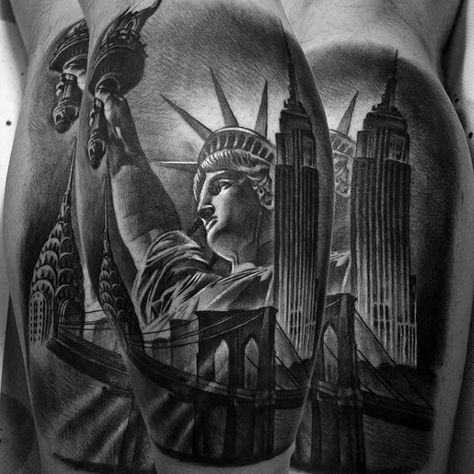 Empire State Building Tattoo, Statue Of Liberty Tattoo, Building Tattoo, Liberty Tattoo, State Tattoos, Patriotic Tattoos, More Tattoo, Inked Tattoo, Cartoon Tattoos