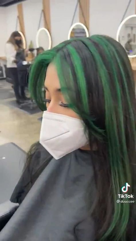 Hair Dyeing Styles, Long Hair Color Ideas Unique, Underdye Hair Black, Color Under The Hair, Hair Color Streaks For Brunettes, Under Dyed Hair Green, Striped Dyed Hair, Hair Color Ideas For Summer 2023, Under Half Of Hair Dyed