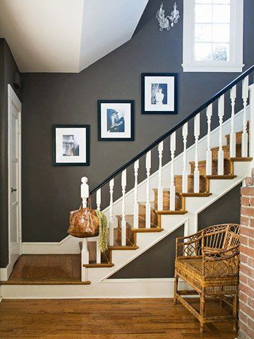 How do you decorate a staircase wall? Grey Hallway Ideas, Entryway Paint, Entryway Paint Colors, Stairs Colours, Stair Walls, Grey Hallway, Minecraft Basement, White Staircase, Stairway Decorating