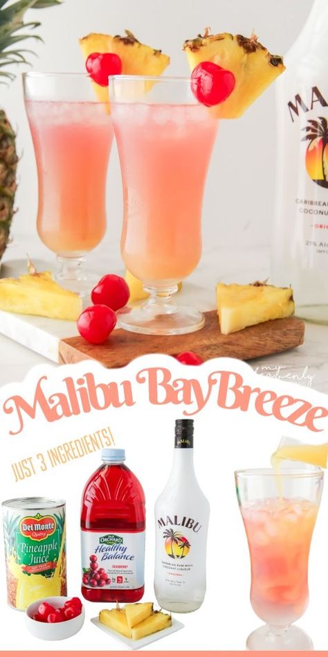 Malibu Bay Breeze Cocktail Recipe-- Fun summer easy alcohol drink to make for a pool party or girls night. Simple 3 ingredient cheap cocktail to make for a party. Pretty sunset sunrise looking drink in a glass. Malibu rum, cranberry juice, pineapple juice etc. So tasty and lovely! Peppermint Chocolate Martini Recipe, Rum Drinks Easy, Bay Breeze Cocktail, Crockpot Drinks, Malibu Bay Breeze, Cheap Cocktails, Jungle Juice Recipe, Malibu Rum Drinks, Malibu Pineapple