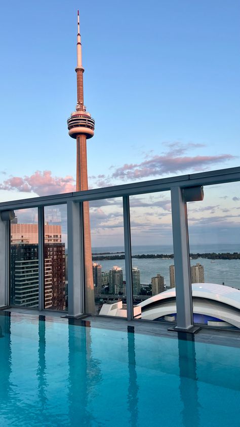 Rooftop Pool and lake view. CN Tower. Rooftop Restaurant, Lake Ontario, Cn Tower, Beautiful Views, Ontario, Toronto, Tower, Lake, Restaurant