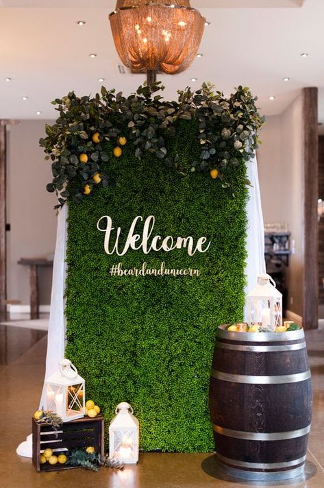 Lemon Themed Party, Wedding Tree Decorations, Lemon Themed Bridal Shower, Grass Wall Backdrop, Greenery Wall, Barrel Decor, Lemon Grove, Grass Wall, Light Backdrop