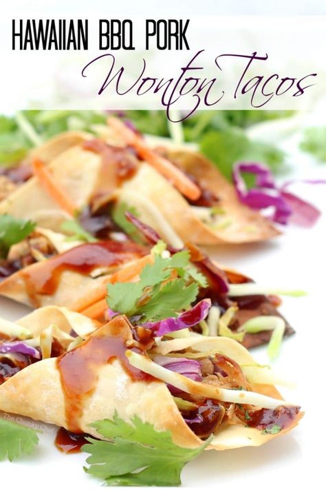 Pub Appetizers, Pork Wonton Tacos, Hawaiian Pork Tacos, Hawaiian Bbq Pork, Mexican Dressing, Hawaiian Appetizers, Bbq Inspiration, Hawaiian Pork, Wonton Tacos