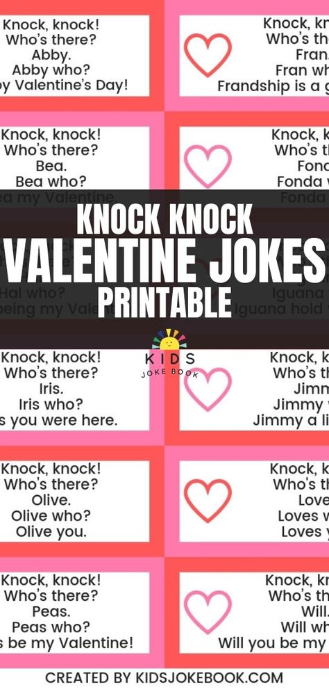 Valentine Knock Knock Jokes for Kids are a fun way to celebrate! These corny riddles and puns will the whole family laughing! Get your free printable lunchbox jokes and share these funny and cheesy Valentine jokes with the people you love all month long! Knock Knock I Love You Jokes, Valentine Jokes For Adults, Knock Knock Jokes For Boyfriend Flirty, Love Jokes For Him, Knock Knock Jokes For Boyfriend, Valentine Jokes For Kids, Valentine Riddles, Jokes Knock Knock, Jokes About Love