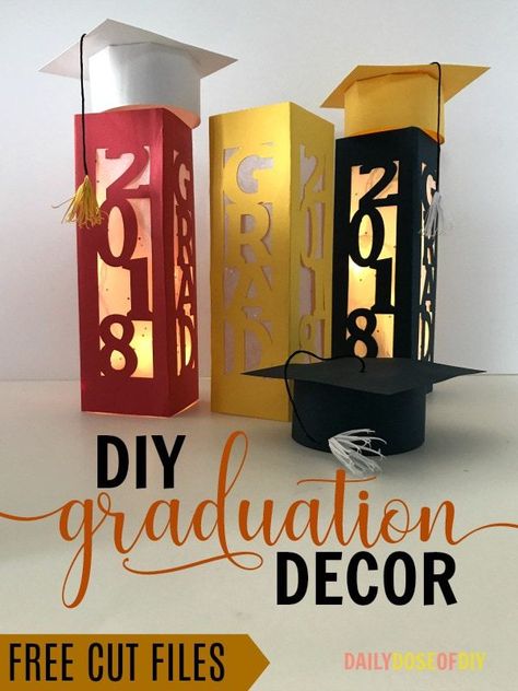 DIY Graduation Decor Centerpieces.  Free cut files included.  Easy to make decorations for your graduation party #graduationparty #graduation Diy Graduation Party Decor, Diy Graduation Decorations, Decor Centerpieces, Senior Graduation Party, Graduation Party Diy, Diy Graduation, Graduation Party Planning, High School Graduation Party, Graduation Diy