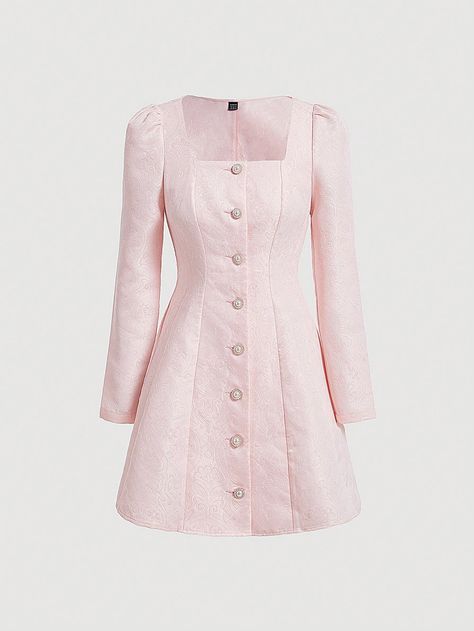 Pink Elegant Collar Extra-Long Sleeve Woven Fabric Plain A Line Embellished Non-Stretch  Women Clothing Buttoned Dress Outfit, Pink Long Sleeve Dress Formal, Pink Dresses Elegant, Cute Pink Winter Dress, Pink Elegant Outfit, Elegant Pink Outfit, Pink Formal Outfit, Classy Pink Dress, Pink Dress Elegant