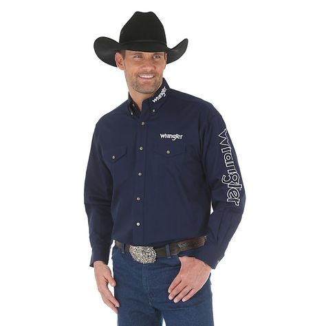 Cowboy Button Up Shirt, Western Rodeo Shirts Button Up, Ls Logo, Wrangler Denim Shirt, Cowboy Outfit For Men, Tough Clothes, Western Style Button-up Shirt For Ranch, Cowboy Fashion, Mens Western Shirts Long Sleeve