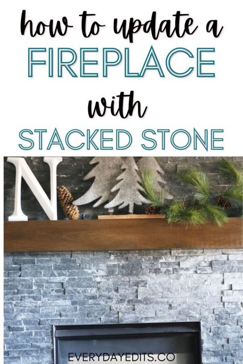 HOW TO UPDATE A FIREPLACE WITH STACKED STONE Split Face Stone Fireplace, Stone Above Fireplace, Ledger Stone Fireplace With Mantel, Paint Stacked Stone Fireplace, Stack Stone Fireplace With Mantel, Airstone Fireplace Makeover, Painted Stacked Stone Fireplace, Update Stone Fireplace, Stacked Stone Fireplace Makeover