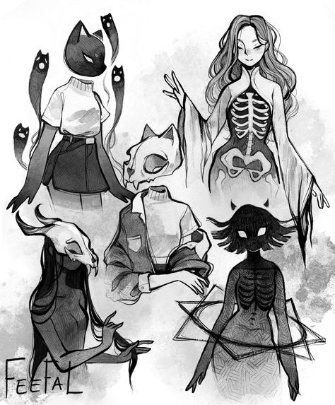 3 Artist 1 Base, Cute Spooky Drawings, Spooky Poses, Skeleton Line Art, Gremlin Energy, Spooky Inktober, Spooky Drawings, Spooky Creatures, Oc Doodles