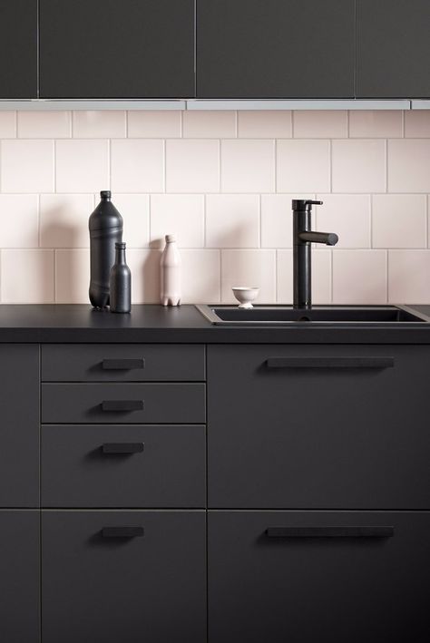 Ikea Just Released the Sleekest Kitchen Cabinets, All Made From Recycled Materials Sleek Kitchen Cabinets, Backsplash With Dark Cabinets, Kitchen Ikea, Best Kitchen Cabinets, Sleek Kitchen, Black Kitchen Cabinets, Dark Kitchen Cabinets, Scandinavian Kitchen, Black Cabinets