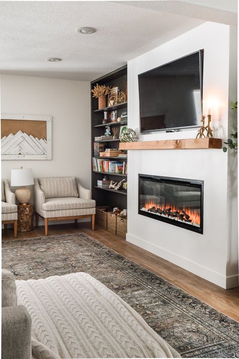 Diy Electric Fireplace With Bookshelves, Modern Farmhouse Fireplace, Basement Fireplace, Built In Electric Fireplace, Built In Shelves Living Room, Hm Home, Farmhouse Fireplace, Fireplace Remodel, Diy Fireplace