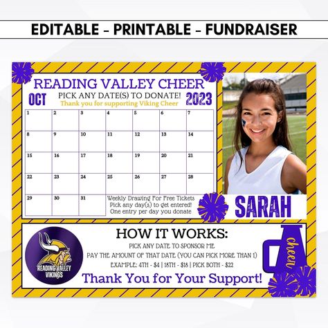 fundraising sports calendar Cheer Calendar Fundraiser, Cheer Fundraiser Ideas, Calendar Fundraiser Template, Calendar Fundraiser, Cheerleading Fundraiser, Fundraising Calendar, Team Calendar, Sports Fundraisers, Cheers To That