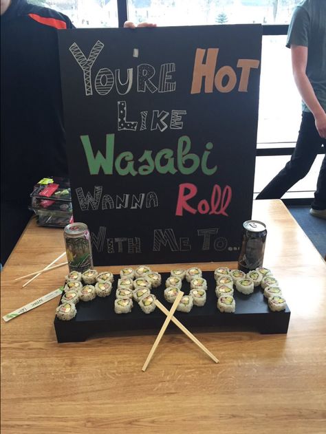 Wasabi? or Sushi - Prom Pictures Group, School Dance Ideas, Promposal Ideas, Prom Posters, Cute Homecoming Proposals, Cute Prom Proposals, Asking To Prom, Dance Proposal, Prom Pictures Couples