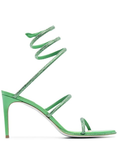 René Caovilla green Cleo 80 crystal-embellished satin sandals | Browns Wrap Around Snake, Heels Png, Strap Sandals Heels, Tie Up Heels, Rene Caovilla, Green Tie, Ankle Wrap, Green Crystal, Designer Sandals