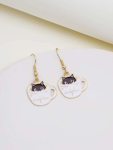 Cup Charm Drop Earrings | SHEIN USA Coffee Earrings, Coffee Cat, Drop Earrings Gold, Funky Earrings, Earrings Cute, Cat Jewelry, Cat Coffee, Earrings Drop, Cat Earrings