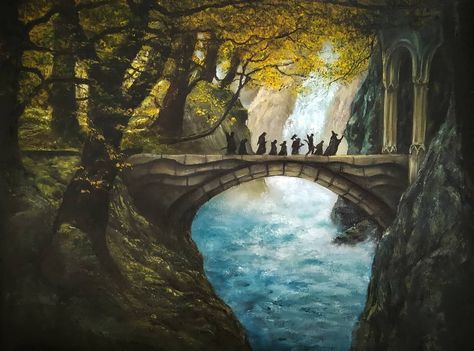 Lord Of The Rings The Fellowship, Rivendell Painting, Lord Of The Rings Landscape, Lord Of The Rings Fanart, Bridge Drawing, Imac Wallpaper, Bridge Painting, The Fellowship Of The Ring, Oil Paintings On Canvas