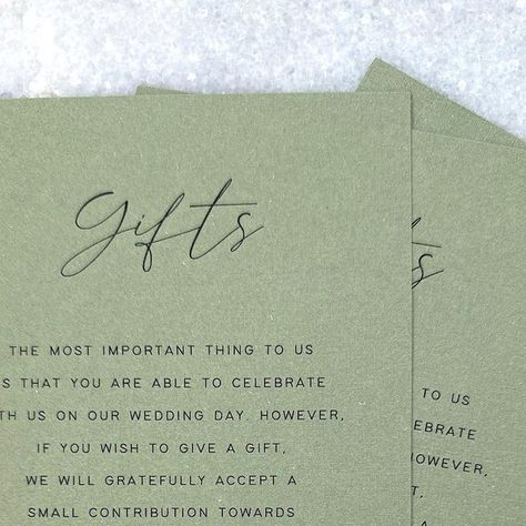 Sinead Thorpe on Instagram: "Gift inserts - It is now perfectly ok and quite the norm to ask your guests for money in place of gifts on your wedding day. Be it by using a registry website, a honeymoon fund, or a simple line or poem within your invitations." Honey Moon Fund Instead Of Gifts, Cash Registry Wedding Wording, How To Ask For Honeymoon Money Instead Of Gifts, Wedding Registry Money Request, Wedding Registry Honeymoon Fund, Honeymoon Fund, Instagram Gift, Sage Wedding, Simple Lines