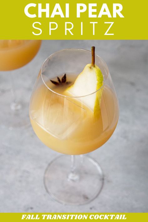 Spiced Chai Pear Spritz Recipe (Fall Bubbly Cocktail) - Very Obsessed Persian Cocktails, Pear Drinks, Prosecco Drinks, Dried Pears, Pear Cocktails, Mocktail Drinks, Chai Spices, Fall Fruit, Spritz Recipe