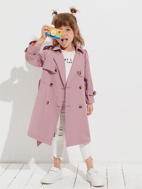 Dusty Pink Dressy  Long Sleeve Polyester Plain Regular Embellished Non-Stretch Spring/Fall Toddler Girls Clothing Summer Trench Coat, Girls Trench Coat, Trench Coat Outfit, Toddler Fall, Toddler Girl Style, Fashion Diy, Coat Outfits, Double Breasted Coat, Toddler Girl Outfits