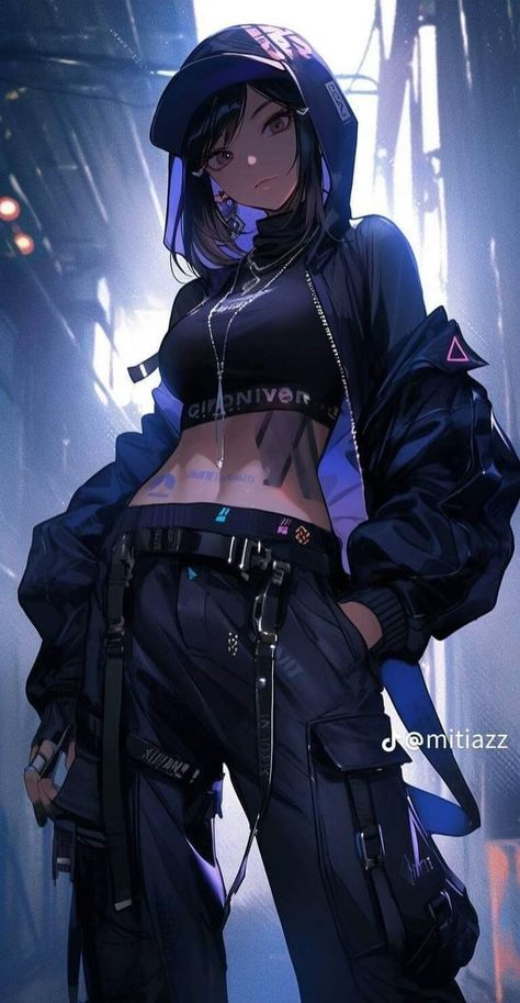 Punk Outfits Women, Nft Anime, Girl Streetwear Outfit, Punk Female Character Design, Techwear Women, Wallpaper Digital Art, Beginner Artist, Streetwear Girl, Anime Black Hair